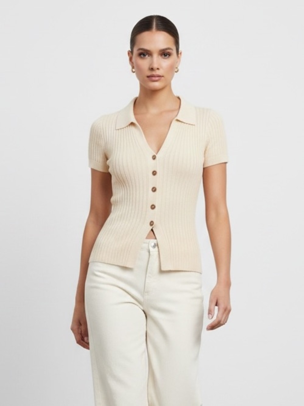 1587 • Beige Viscose Blend Rib-knit V Neck Collared Button Up Top